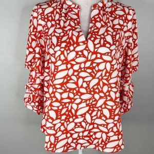 Split-Neck Top Red Shatter Leaf Print M